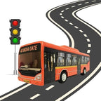 Orange toy bus with black windows and white wheels on a printed road