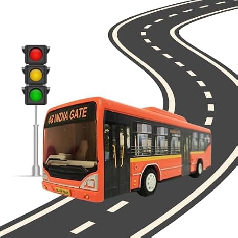 Orange toy bus with black windows and white wheels on a printed road