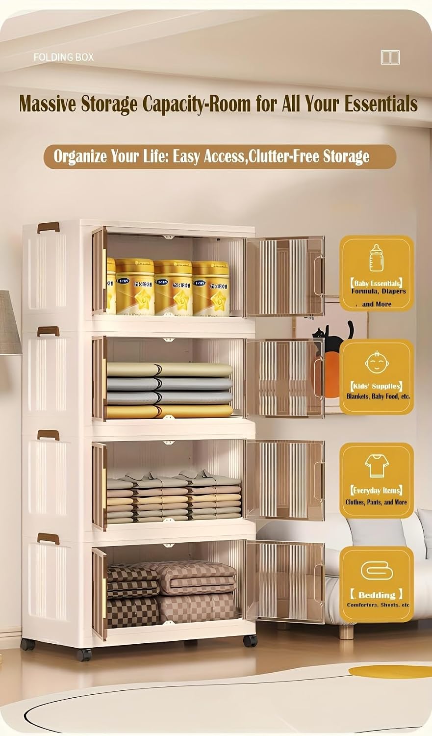 Ovya 5 Tier Cupboard for Storage DIY Foldable Cupboard with Door, Caster & Wheels | Kids Wardrobe for Clothes Collapsible Racks for Home Office Bedroom (L 49 X B 29 X H 134 Cm)