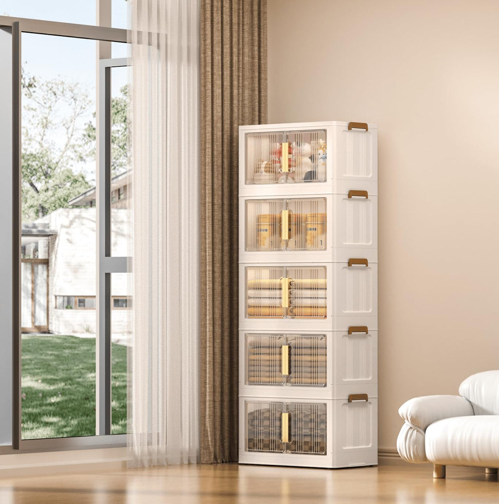 Ovya 5 Tier Cupboard for Storage DIY Foldable Cupboard with Door, Caster & Wheels | Kids Wardrobe for Clothes Collapsible Racks for Home Office Bedroom (L 49 X B 29 X H 134 Cm)