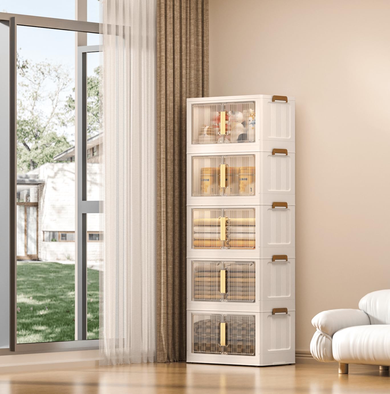 Ovya 5 Tier Cupboard for Storage DIY Foldable Cupboard with Door, Caster & Wheels | Kids Wardrobe for Clothes Collapsible Racks for Home Office Bedroom (L 49 X B 29 X H 134 Cm)