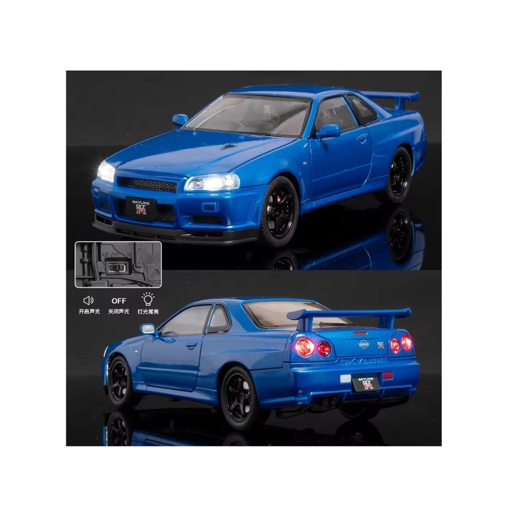 Toy Rush Nissan Skyline GT-R R34 Die-Cast Model Car 1:24 Scale – Pull Back, Openable Doors & Detailed Collectible (Blue) 3-14 Years