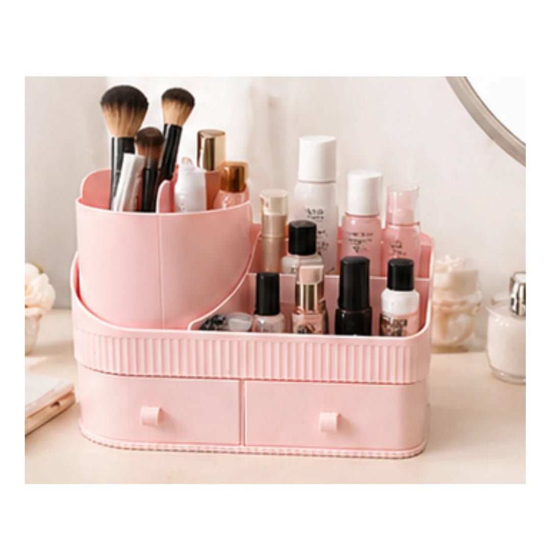 Desk Organizer with 2 Drawers & Rotating Pen Holder - Stationery & Makeup