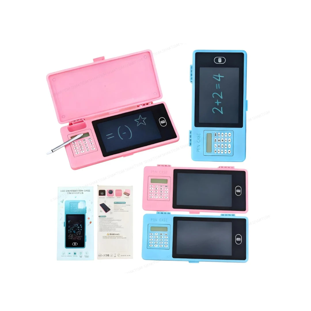 3-in-1 LCD Writing Tablet with Pencil Box & Calculator - Reusable Drawing Pad