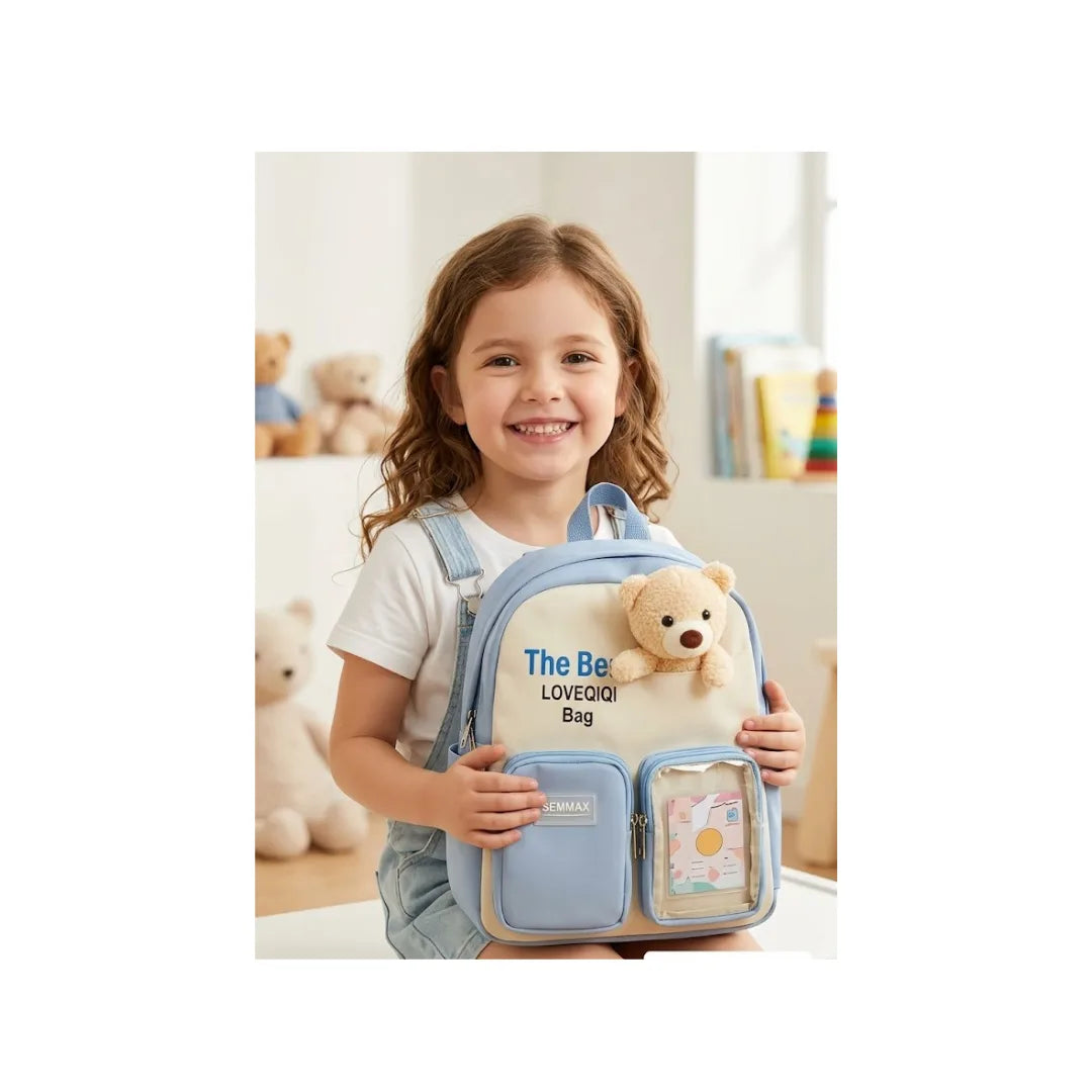 Teddy Bear Kids Backpack - Blue School Bag with Plush Toy & Clear Pocket