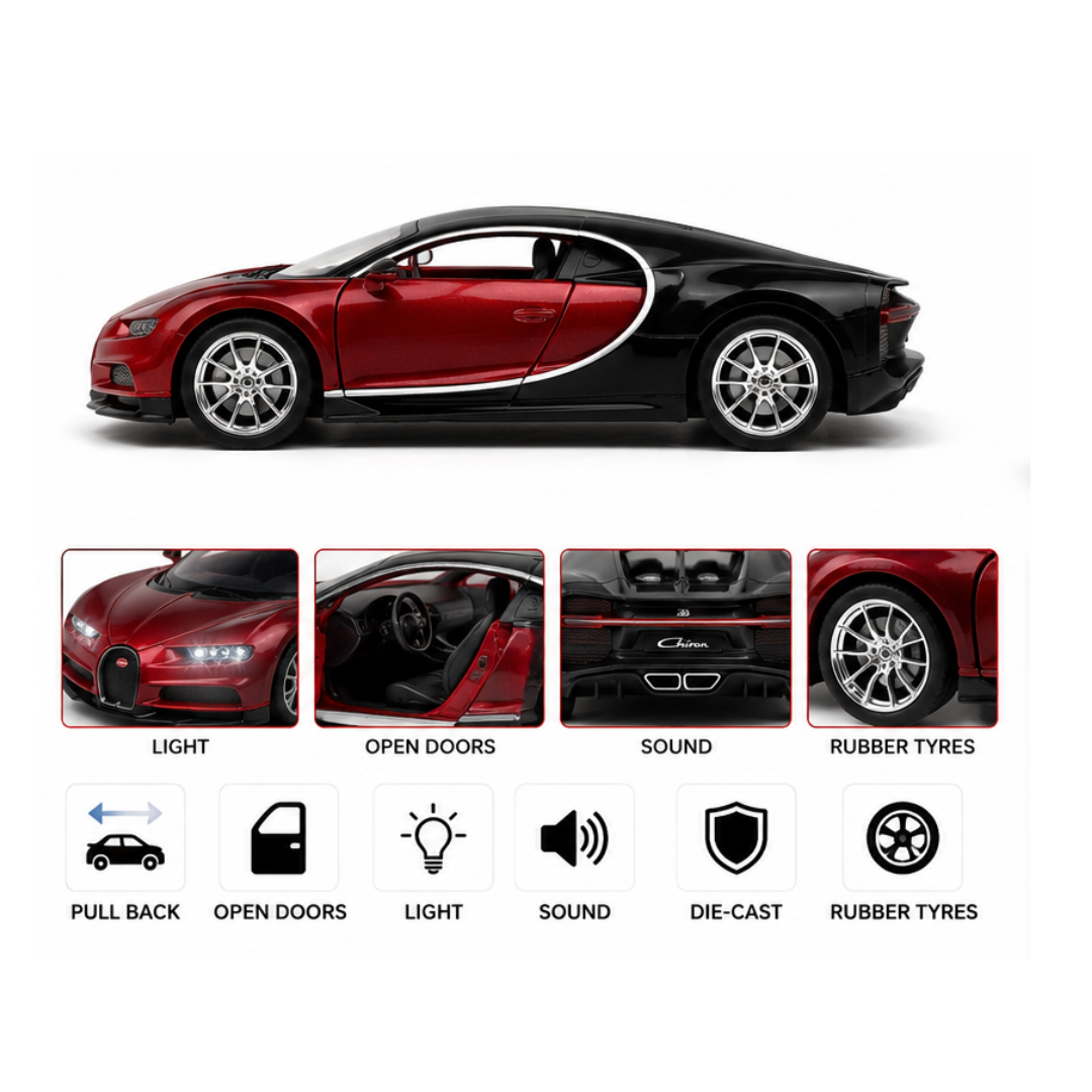 Toy Rush Bugatti Chiron Die-Cast Car 1:24 Scale Pull Back Model with Light & Sound (Color as per Availability) | Ages 6+