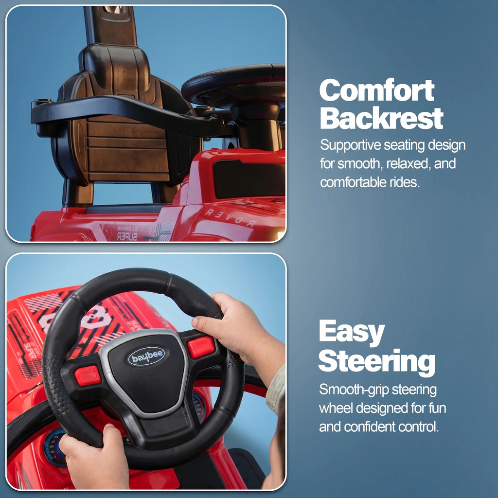 Ride-on car's padded backrest and close-up steering wheel with buttons