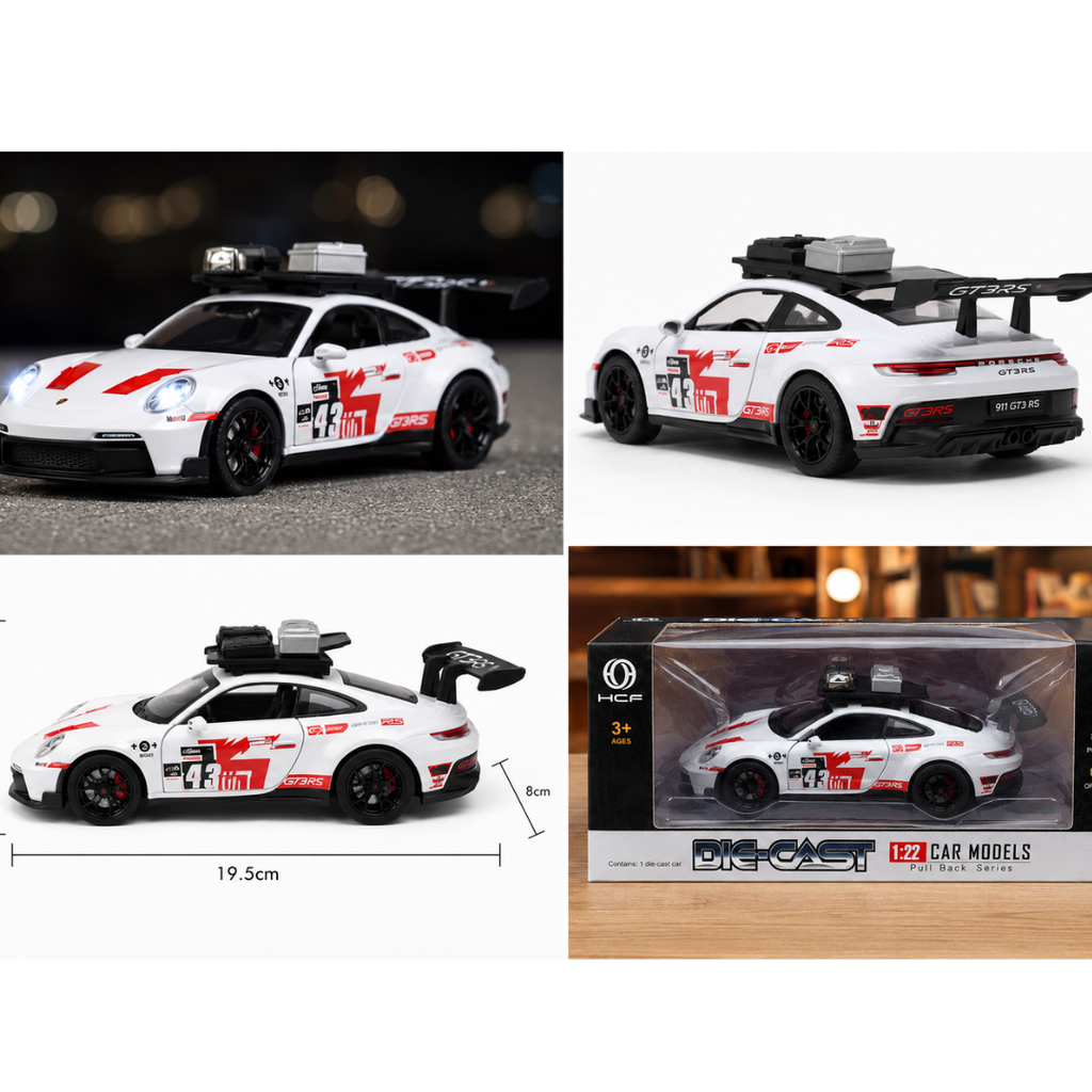 Toy Rush Porsche GT3 RS Die-Cast Car 1:22 Scale Pull Back Model with Light & Sound (Colour as per Availability) | Ages 3+