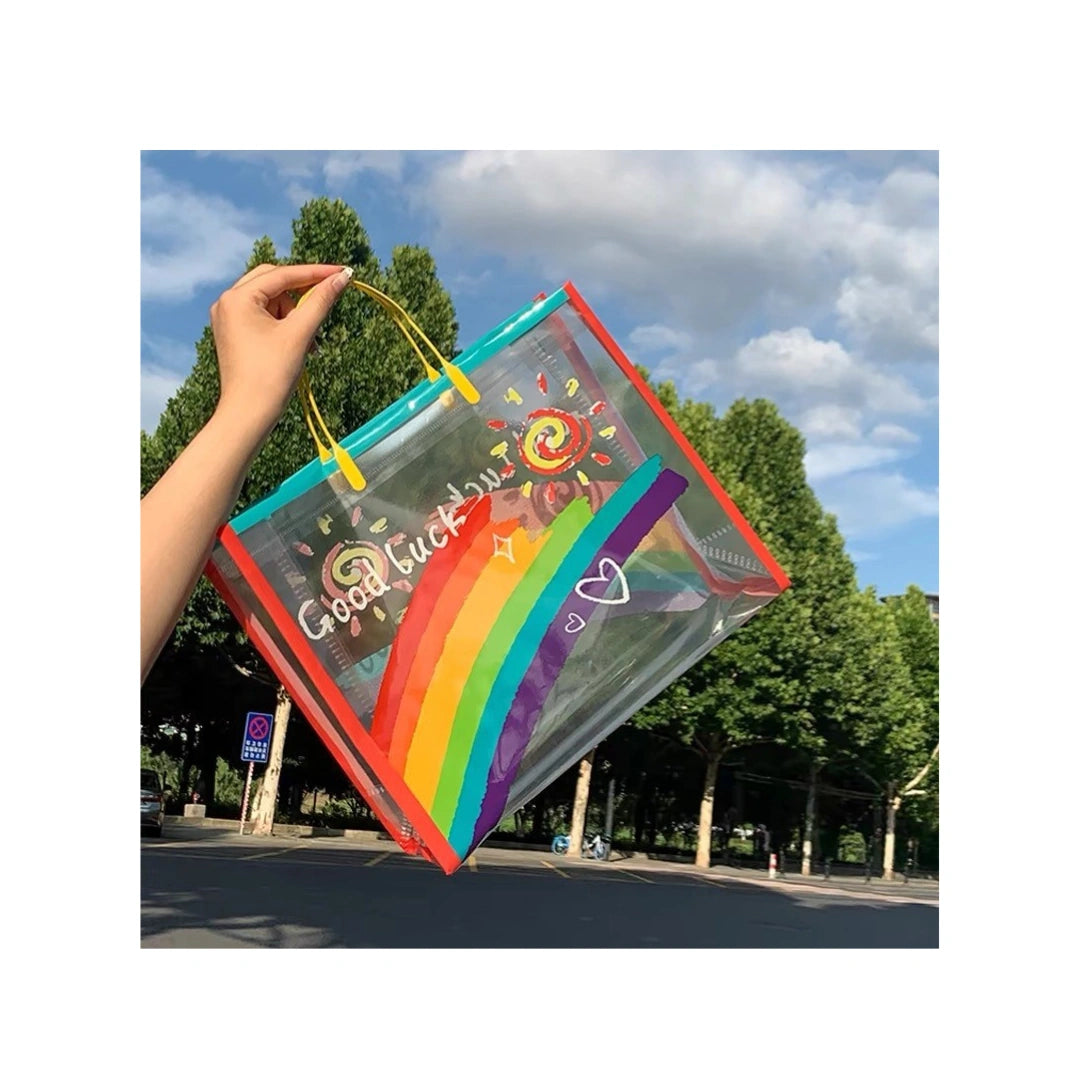 Rainbow Clear Tote Bag - PVC Shopping & Gift Bag with Orange Handles