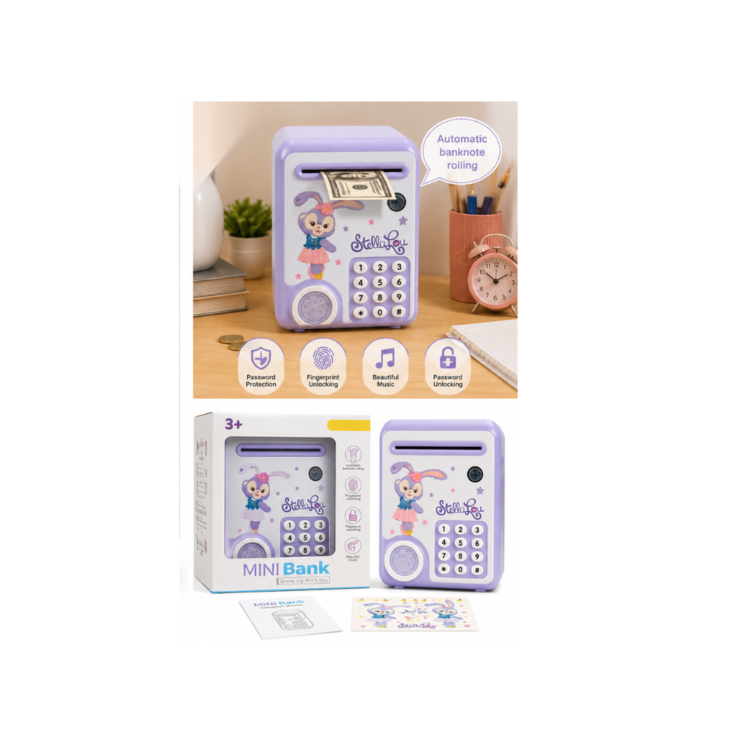 StelliLou Electronic Mini Bank for Kids – Password & Fingerprint Money Saving Bank with Automatic Note Rolling | Color as per Availability (3+ Years)
