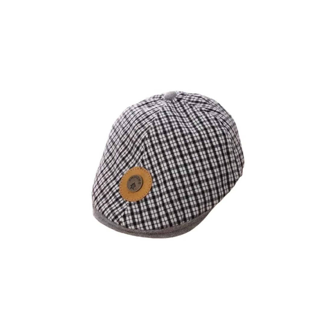 Kids Plaid Beret Cap - Classic Checkered Cotton Hat with Leather Patch