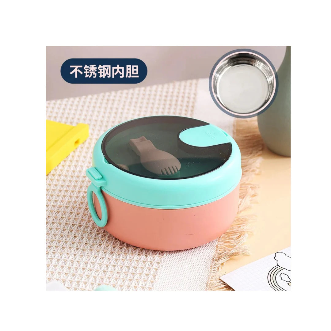 Round Stainless Steel Lunch Box - Insulated with Foldable Spoon & Fork