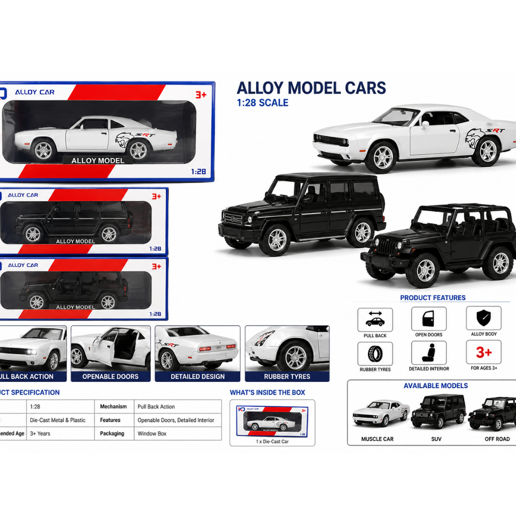 Toy Rush Alloy Model Car 1:26 Scale Pull Back Die-Cast Toy Car with Openable Doors (Colour as per Availability) | Ages 3+