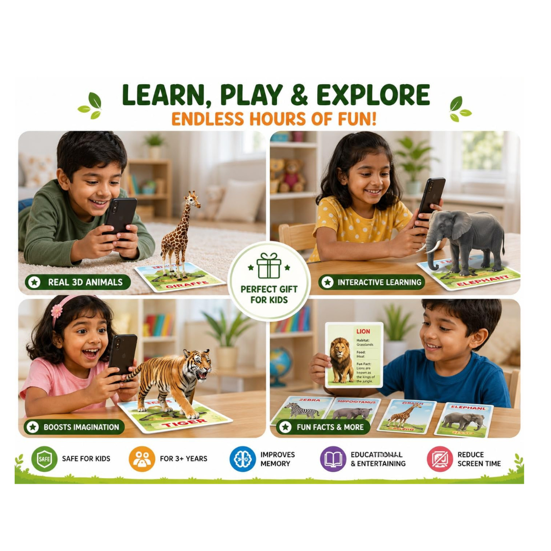 JB Impex Animal AR 3D Safari Flash Cards – 42 Augmented Reality Learning Cards for Kids 3+ Years