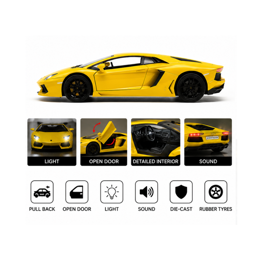 Toy Rush Lamborghini Aventador Die-Cast Car 1:24 Scale Pull Back Model with Light & Sound (Colour as per Availability) | Ages 3+