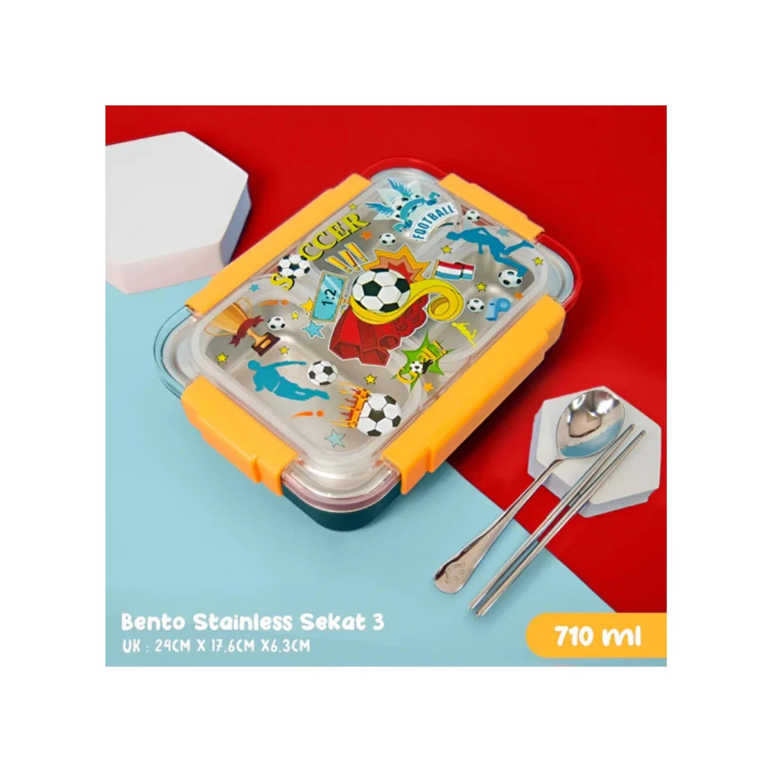 Kids 3-Compartment Bento Lunch Box - Stainless Steel with Chopsticks