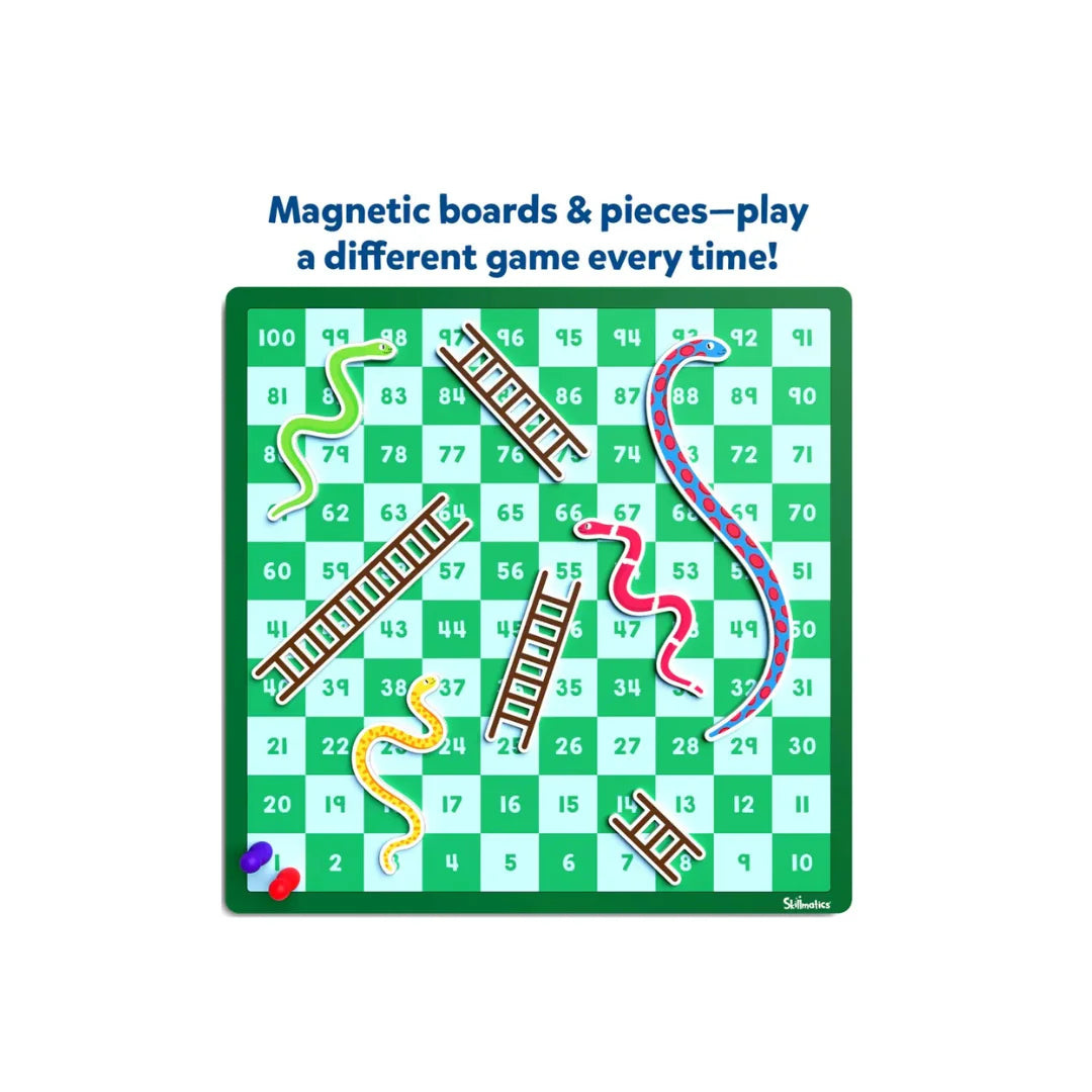 Skillmatics Magnetic Snakes & Ladders · 2–5 Players · Ages 4+ · Customisable Board