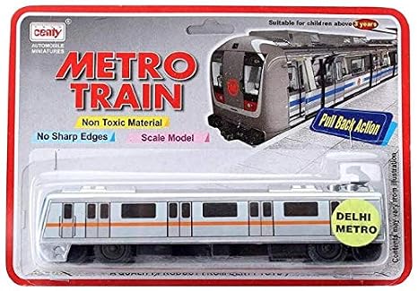Silver metro train toy in retail blister packaging, with pull-back action label