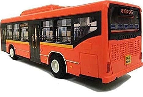 Rear-side view of an orange toy bus with black windows and white wheels