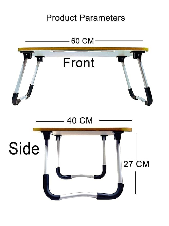 Foldable laptop table shown from front and side with dimensions