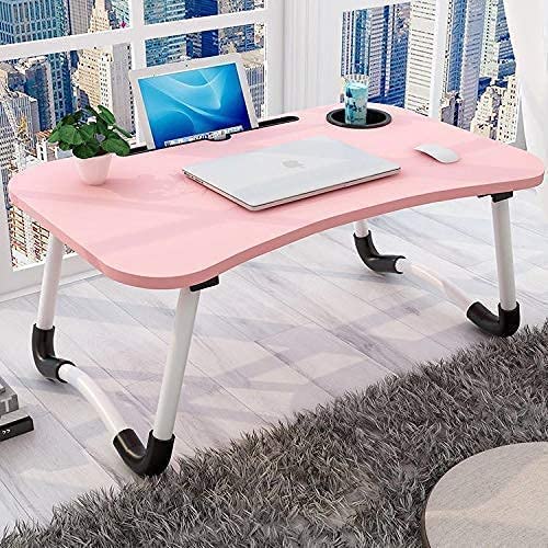 Pink foldable bed desk with cup holder and tablet slot