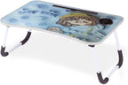 Angled view of blue children's folding table with cartoon print and cup holder