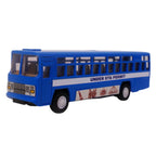 Blue city bus toy with passenger windows, printed route markings, and pull-back wheels