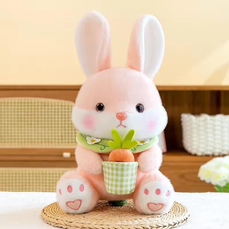 Plush Bunny Rabbit Soft Toy with Carrot | Pink & White Stuffed Rabbit with Removable Carrot Accessory
