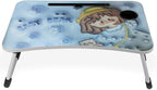 Blue children's folding table with cartoon print, tablet slot, and cup holder