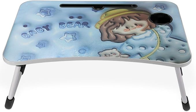 Blue children's folding table with cartoon print, tablet slot, and cup holder