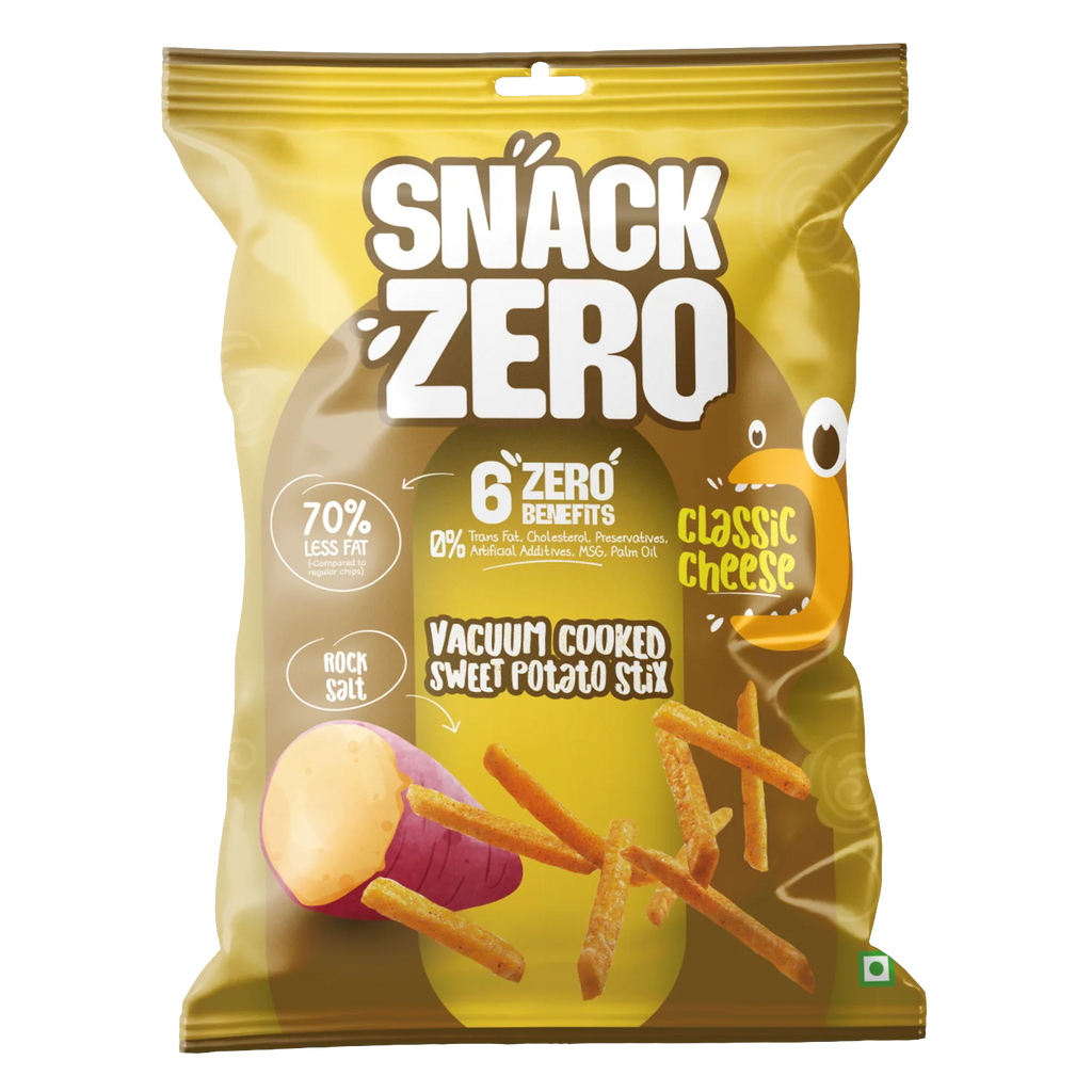Snack Zero sweet potato stix classic cheese bag, yellow pack with cheese branding.