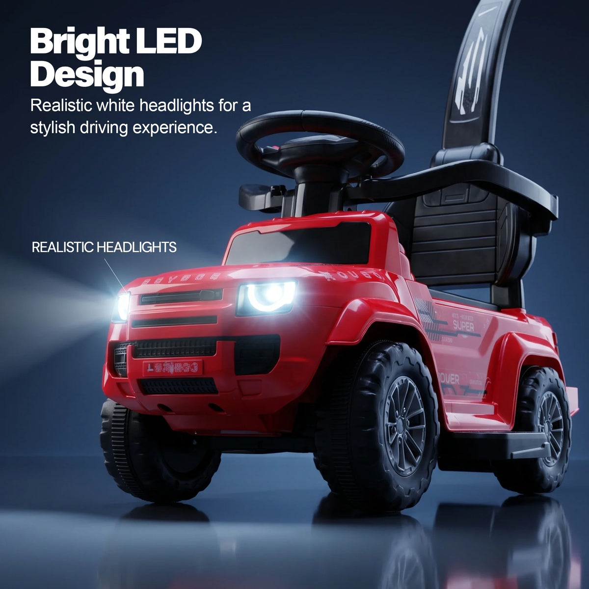 Red toddler push car with parental handle and bright LED headlights