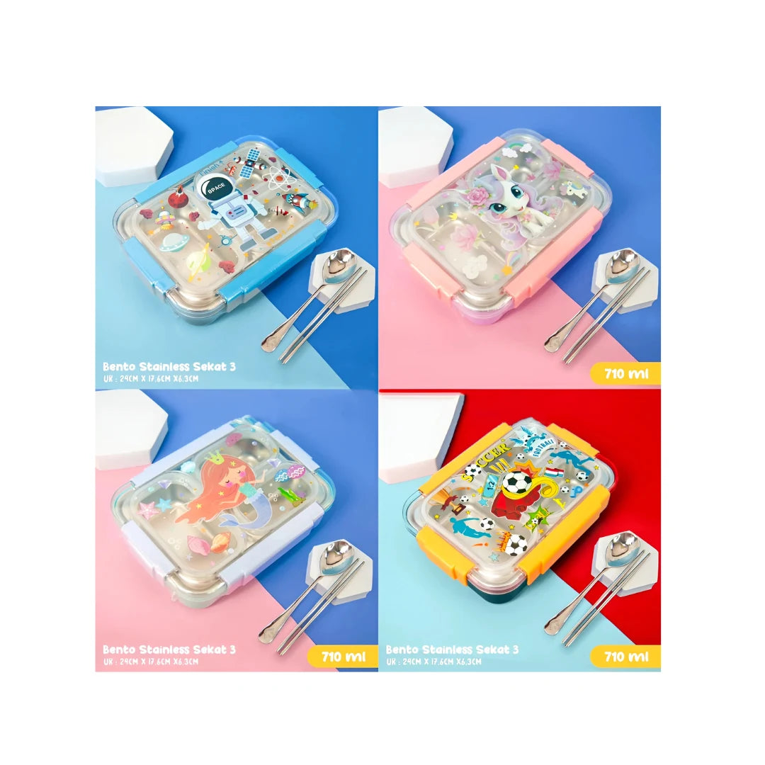 Kids 3-Compartment Bento Lunch Box - Stainless Steel with Chopsticks
