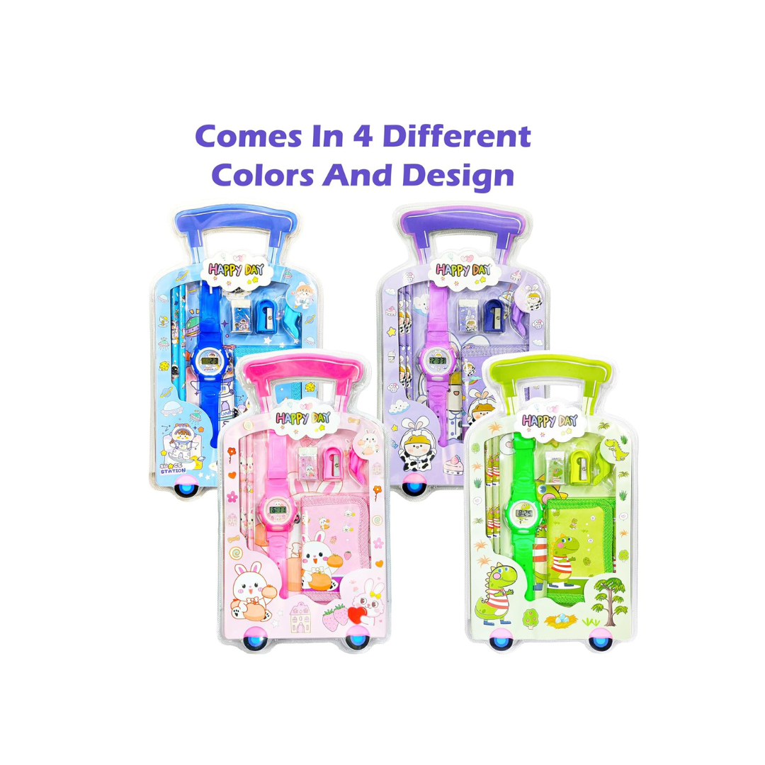Mini Trolley Suitcase Kids Stationery Set with Digital Watch & Wallet