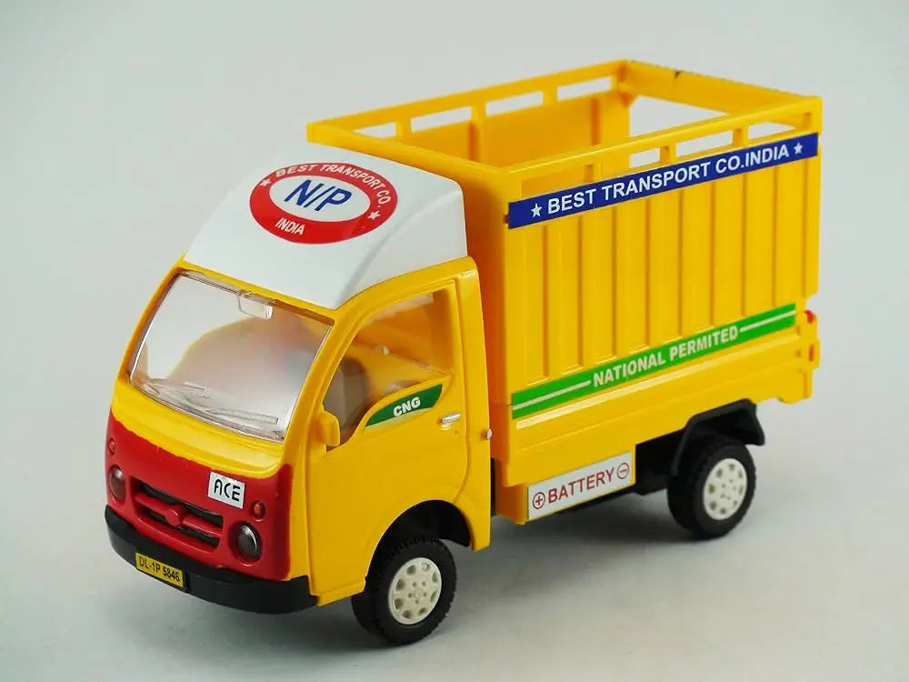 Yellow plastic Tata Ace freight truck toy with open cargo bed and red front bumper.