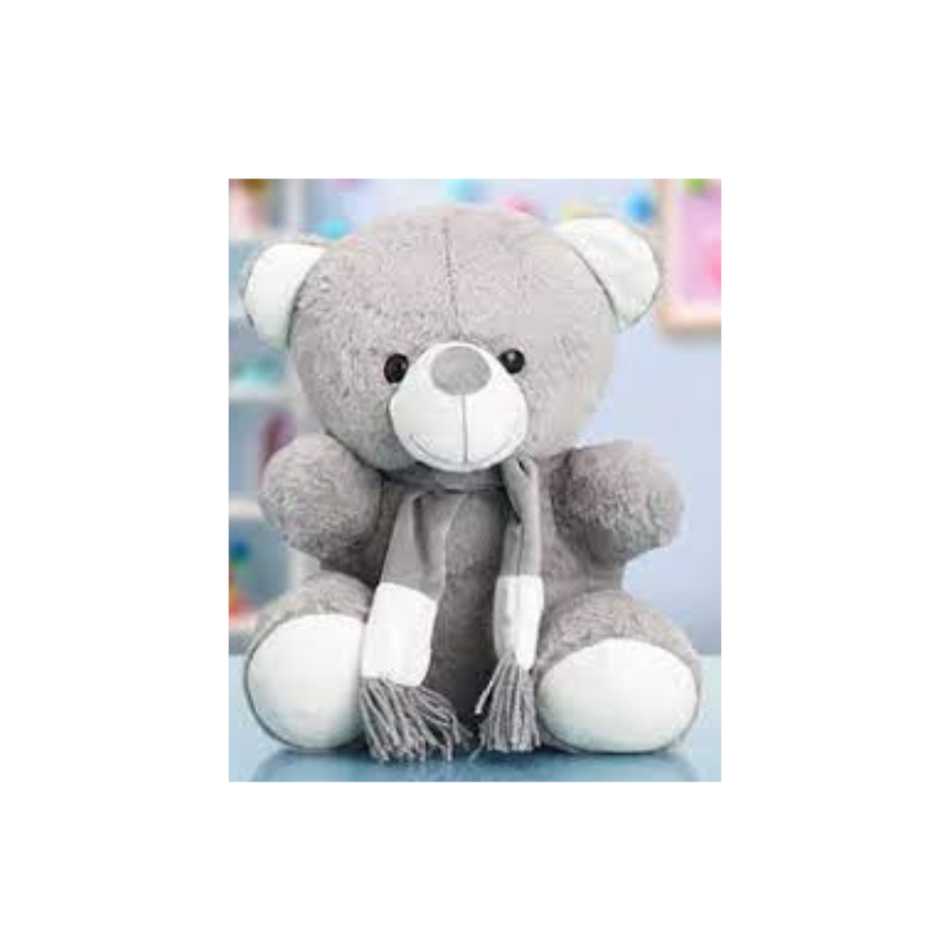 Light gray teddy bear plush with a long gray scarf and white paws.