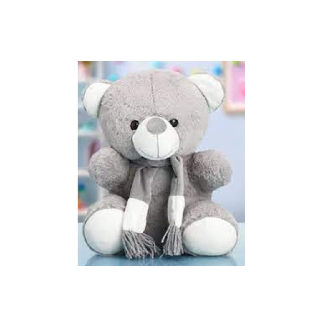 Light gray teddy bear plush with a long gray scarf and white paws.