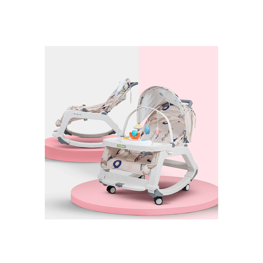 Baybee Other Gears Baybee 5 in 1 Baby Rocking Chair for Kids with Hanging Toys, Multi Position Recline, Music, Wheels & Food Tray
