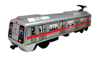 Silver metro train toy with red stripe, passenger windows, black wheels, and roof pantograph