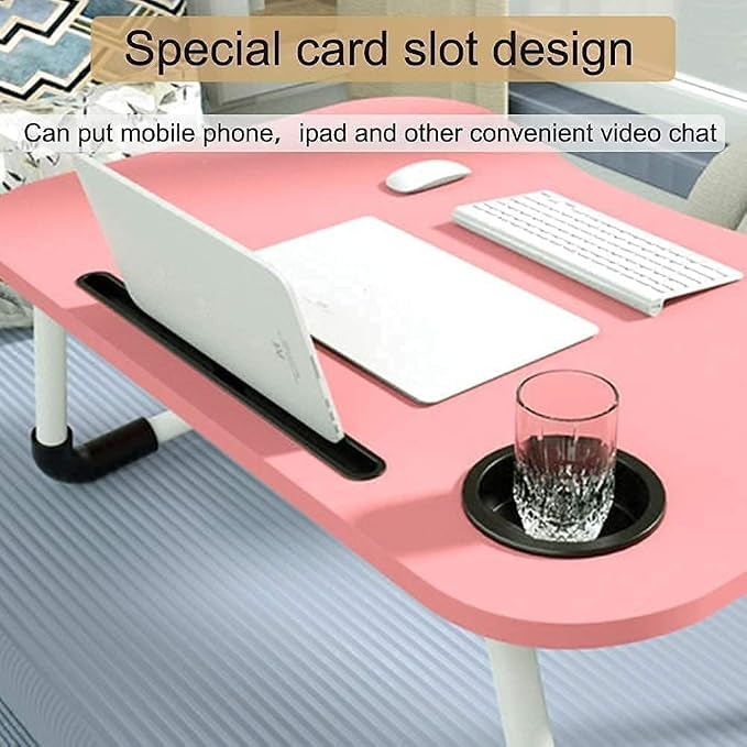 Pink laptop table with tablet slot, cup holder, and raised tablet
