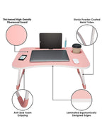 Pink foldable laptop table with cup holder, tablet slot, and metal legs