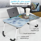 Blue children's folding table with tablet stand, cup holder, and non-slip feet