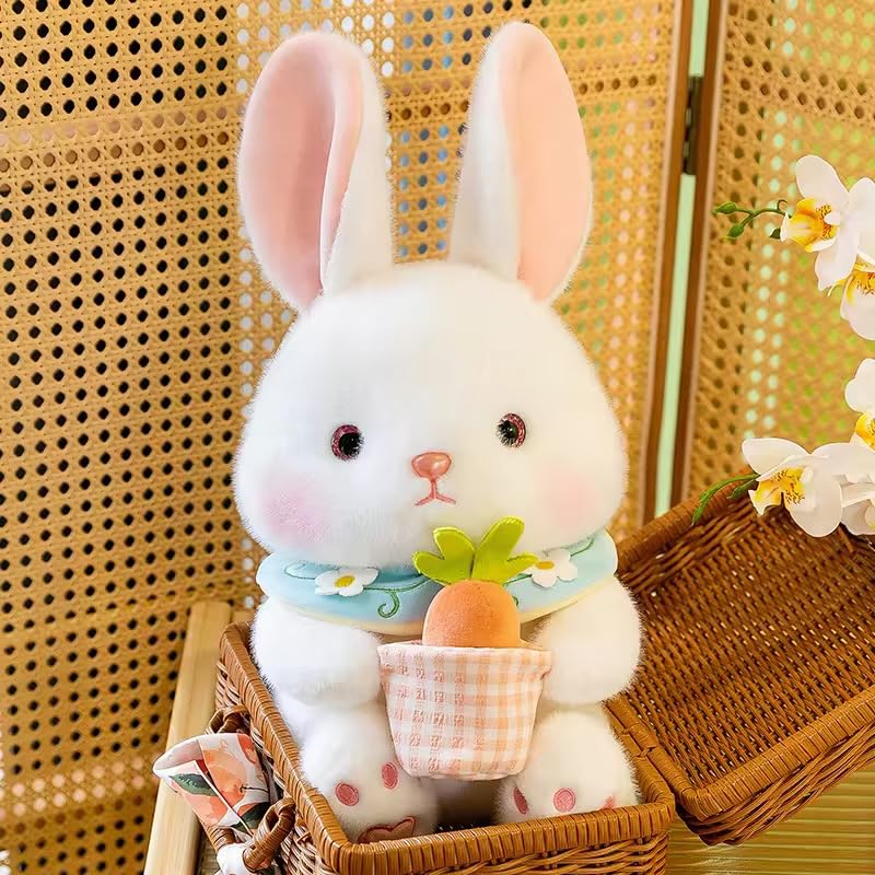 Plush Bunny Rabbit Soft Toy with Carrot | Pink & White Stuffed Rabbit with Removable Carrot Accessory