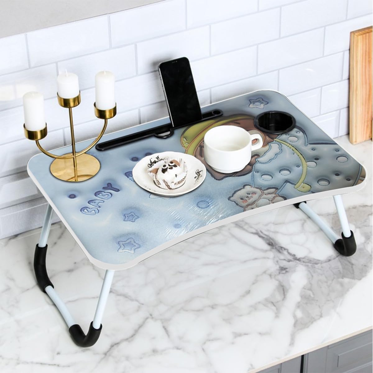Blue children's folding laptop table with cartoon print, tablet slot, and cup holder