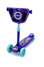 Kids 3-wheel kick scooter with purple deck, light-blue handle, teal wheels, NASA logo