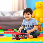 Orange and black toy bus shown beside a child for scale