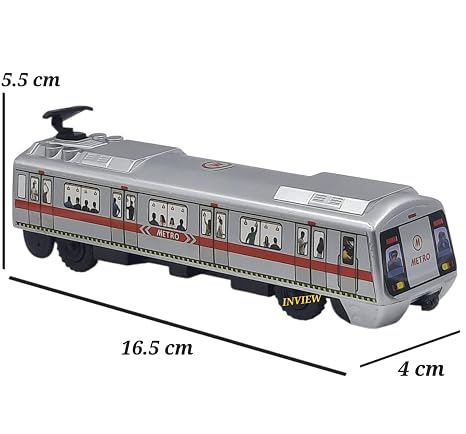 Silver metro train toy with red stripe, shown with length, width, and height measurements