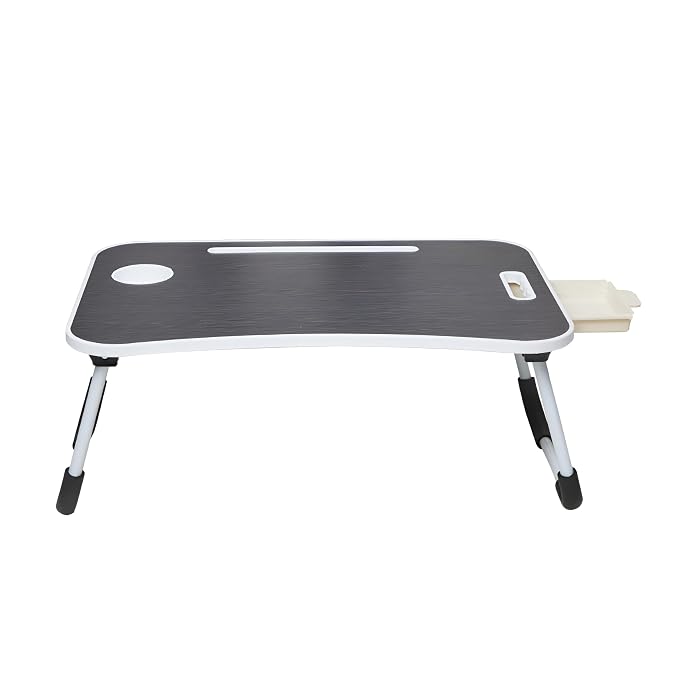 Dark portable laptop table with folding legs, cup holder, tablet slot and side drawer