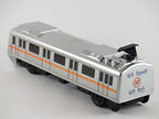 Silver metro train toy with orange stripe, black windows, and roof pantograph