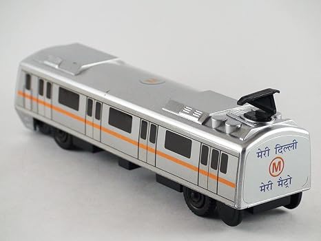 Silver metro train toy with orange stripe, black windows, and roof pantograph